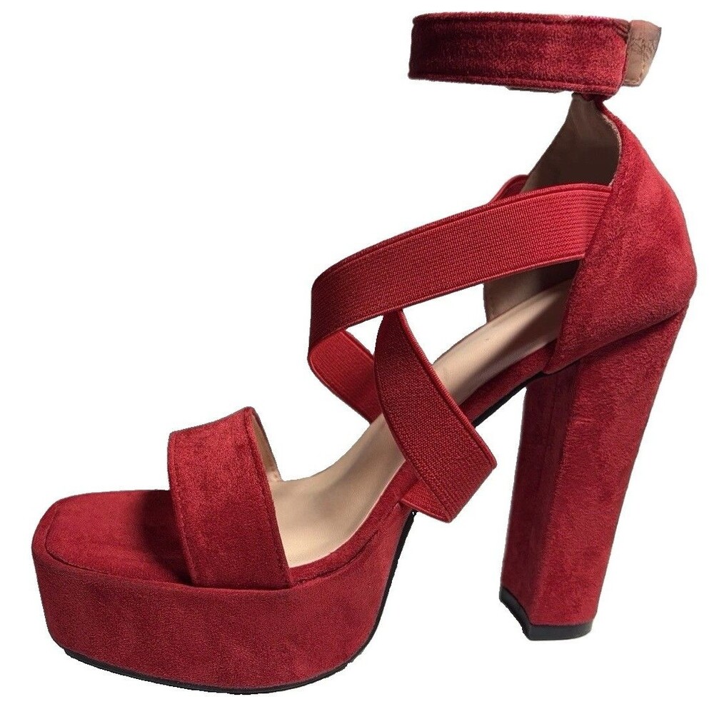Women’s Red Faux Suede Platform Block Heel Sandals Y2K coquette Size 6 NWOB glam